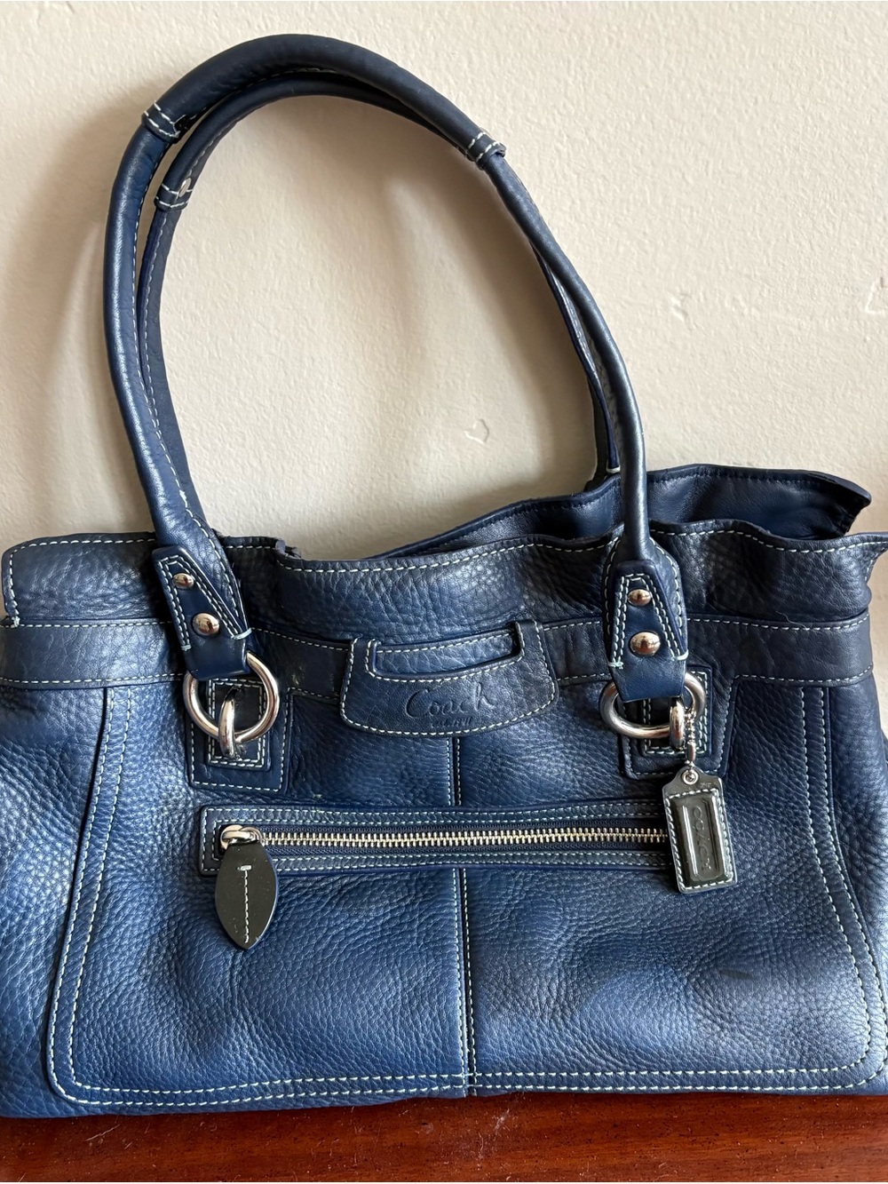 Vtg Coach Navy Blue Pebbled Leather Shoulder Bag 3 Compartments Clean